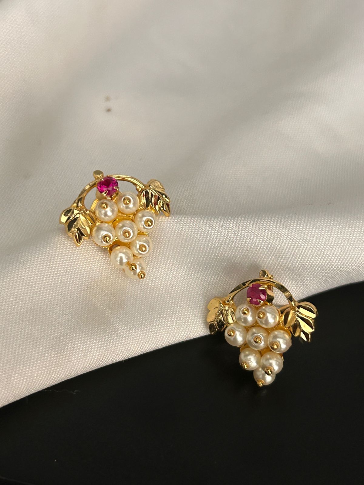 Pearl Cluster Stud Earrings with Gold Finish & Ruby Accent